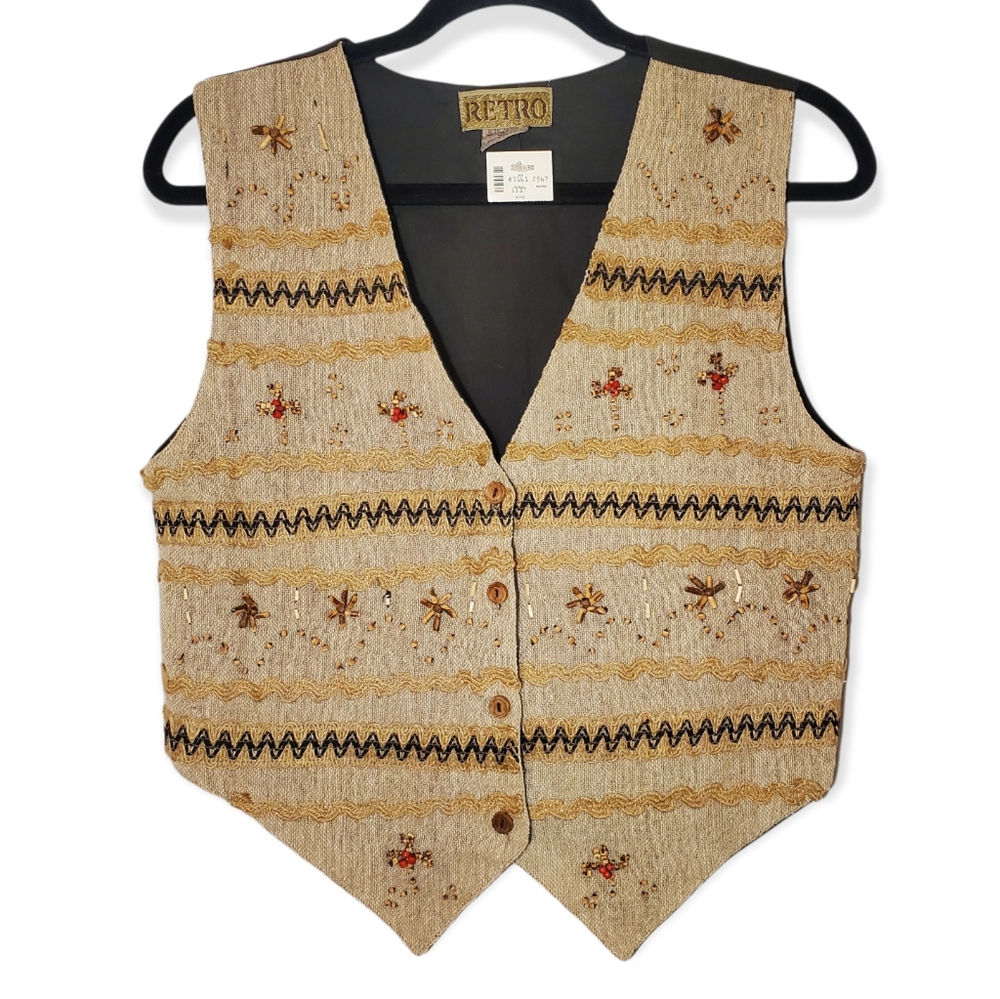 NWT Vintage Deadstock Cotton Natural Embroidered Beaded Embellished Vest